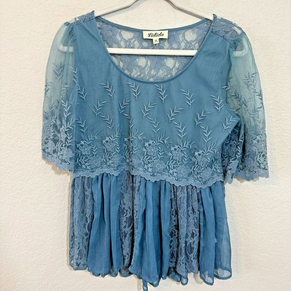 Listicle Blue Lace ‎ Short Sleeve Peplum Sheer Blouse Size Small Boutique L Boho - Picture 1 of 3